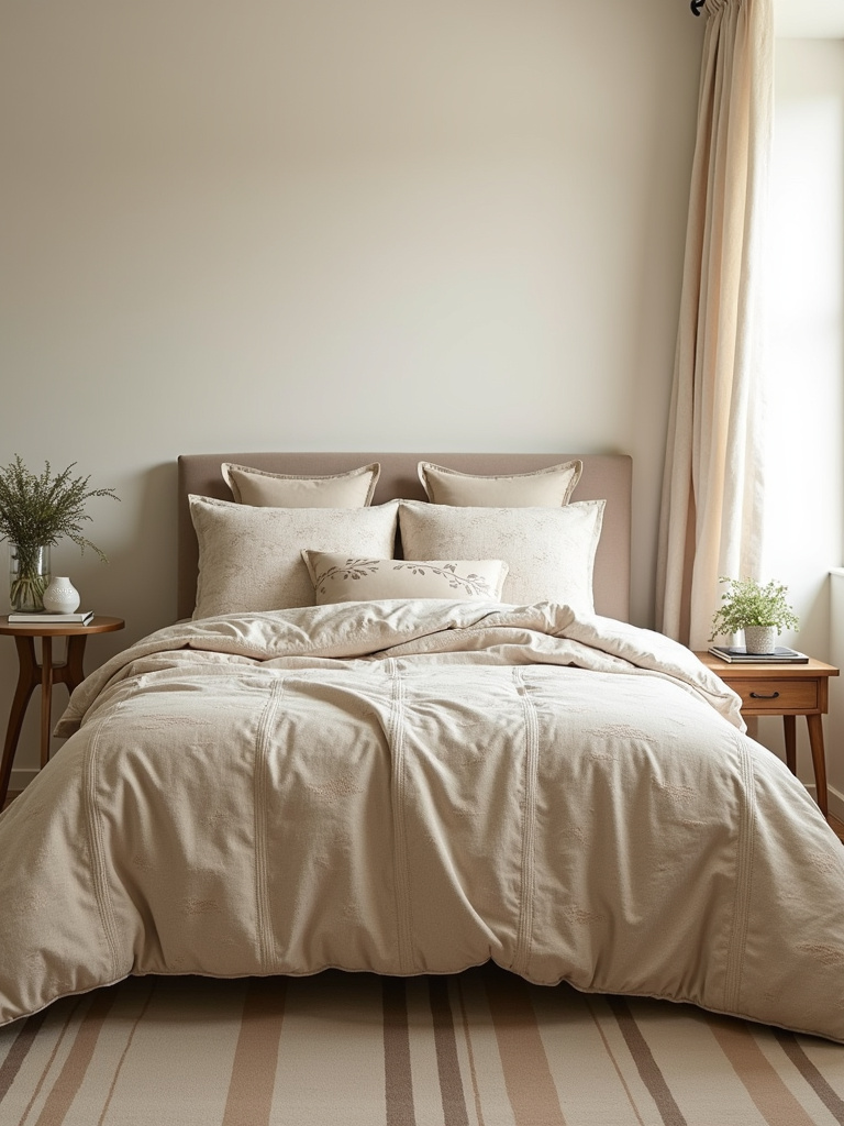 “Beige bedroom incorporating subtle patterns in bedding, rug, and pillows to add visual interest while maintaining a serene neutral palette.”