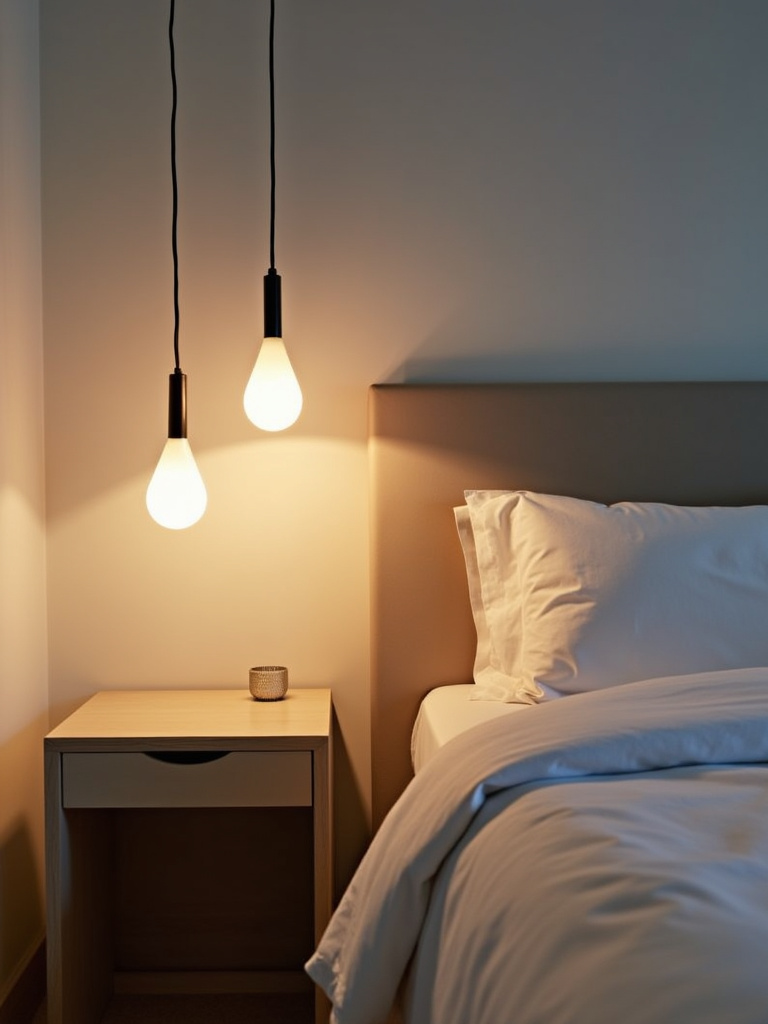 Modern bedroom with pendant lights replacing table lamps on nightstands.