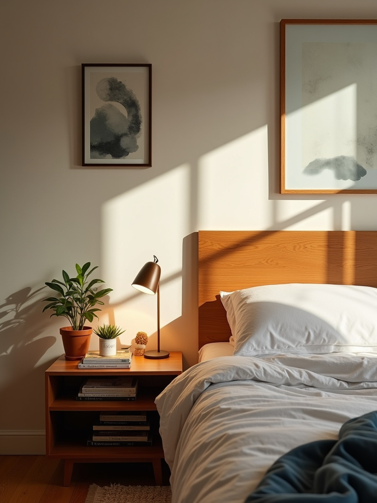 Personalized bedside tables reflecting individual styles for couples in a small bedroom.