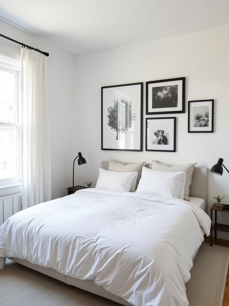 “Modern bedroom with a personalized gallery wall above the bed, featuring black and white photos and art prints in black frames.”