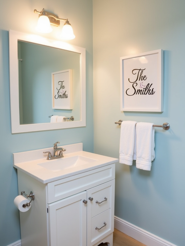 Framed personalized family name print with ‘The Smiths’ in script font above a white vanity in a warm family bathroom.