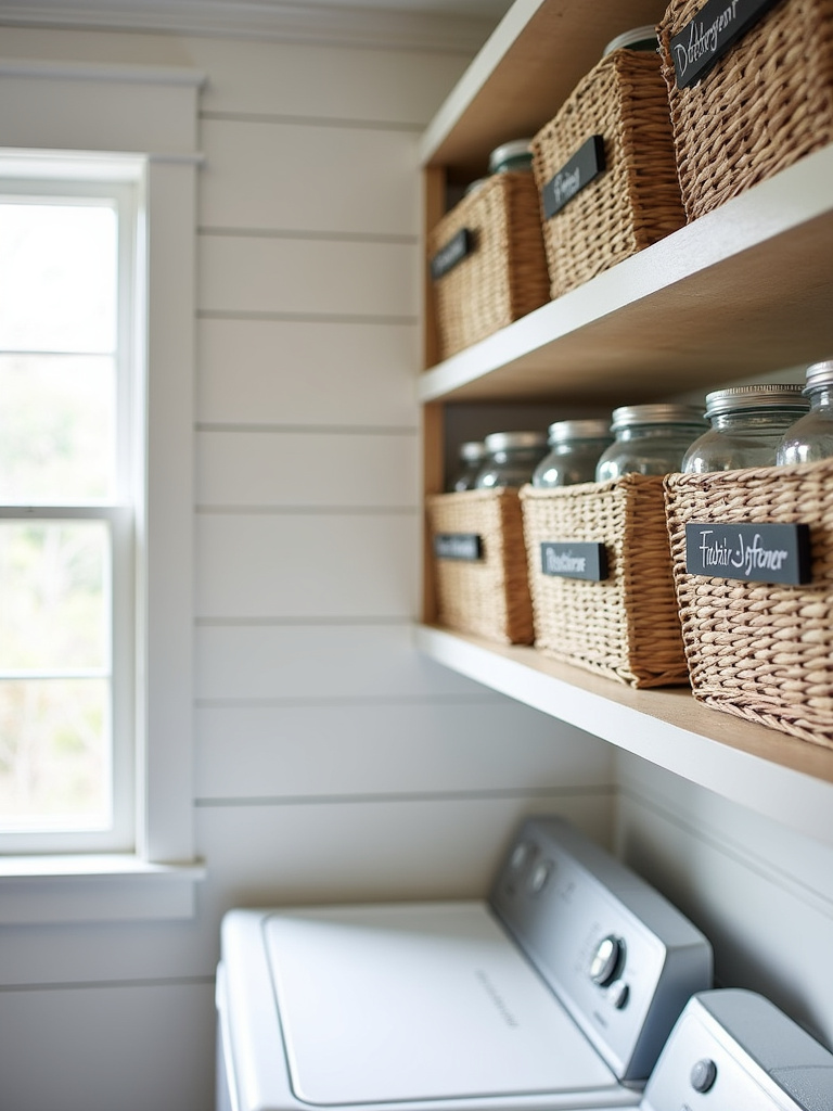 Farmhouse laundry room with personalized chalkboard labels on laundry supply jars and baskets.