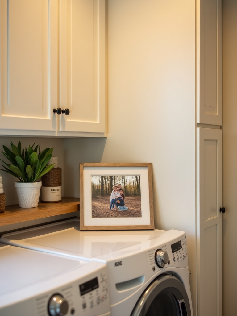 Inviting laundry room with a framed family photo displayed on a shelf, adding a personal and homey touch to the warm and cozy space.