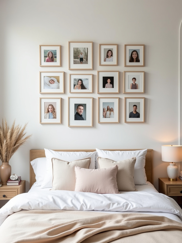 Contemporary bedroom featuring a grid of square framed personalized photo prints above the bed, illuminated by soft, diffused daylight.