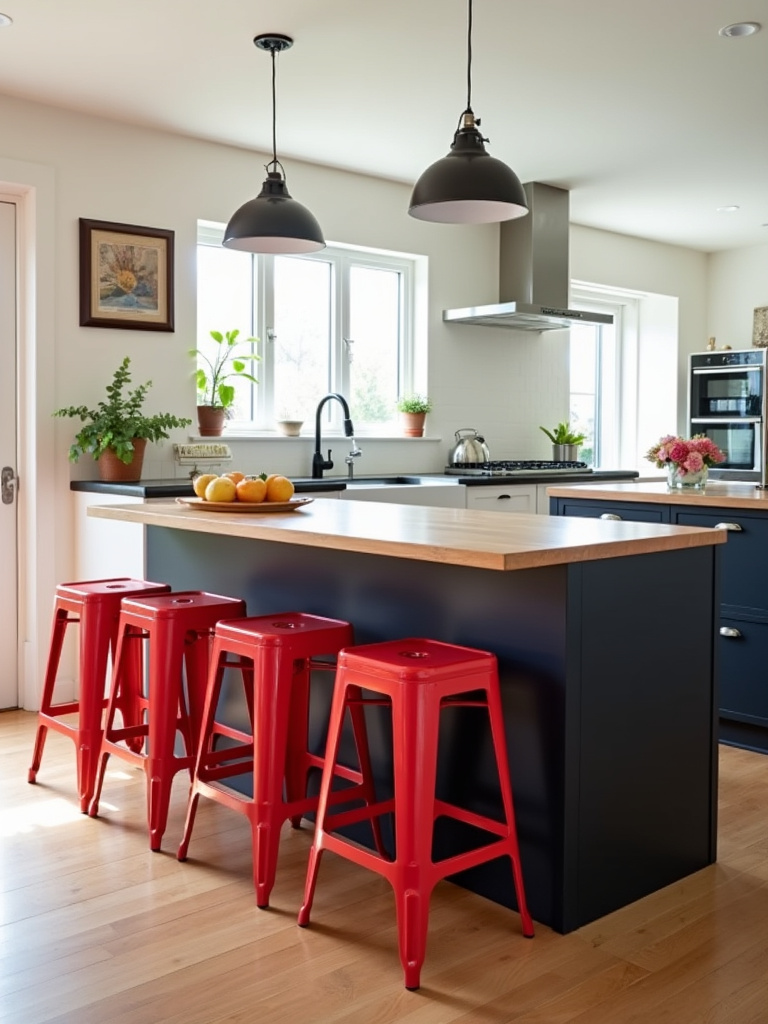 Cheerful kitchen featuring a black kitchen island with vibrant red bar stools, adding a pop of color and energy to the space.