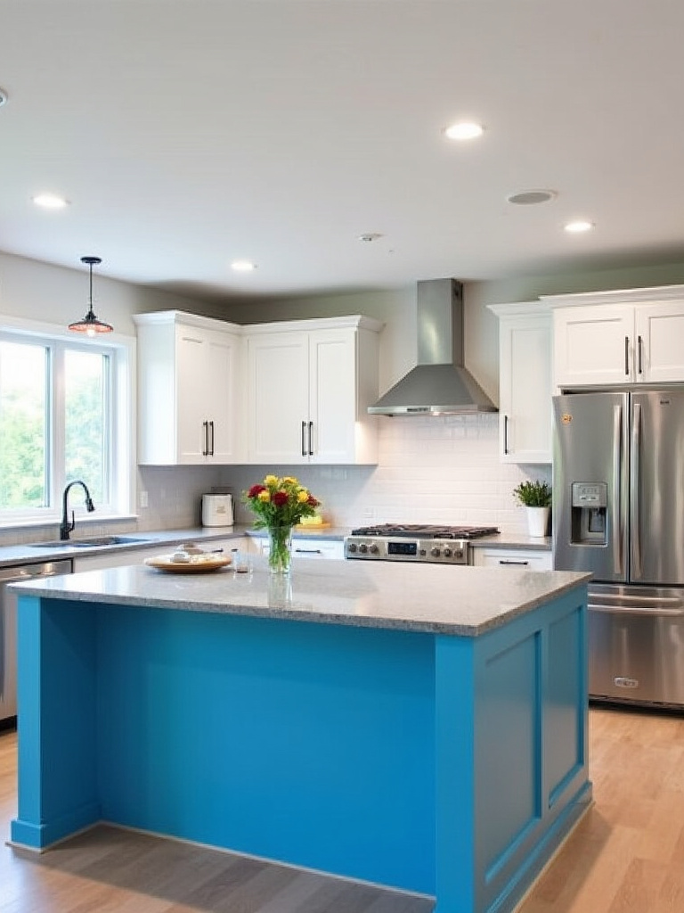 Contemporary kitchen with a bright blue kitchen island adding a pop of color to the neutral white and grey space.