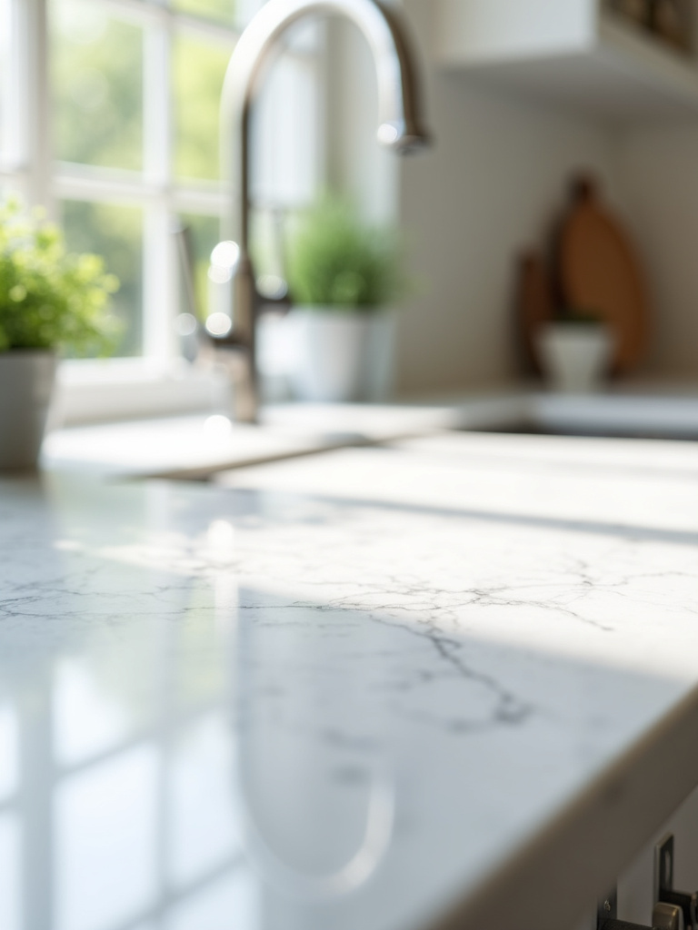 Close-up of a white quartz countertop with subtle grey veining in a contemporary kitchen.