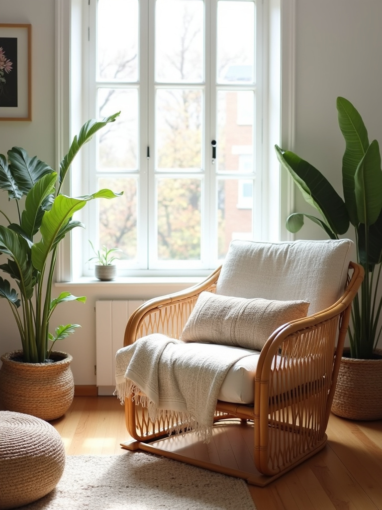 Boho living room featuring a rattan armchair by a window, adding natural texture and light to the space.