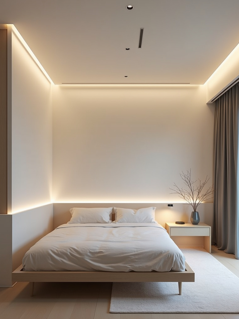 Modern minimalist bedroom illuminated by sleek, subtle recessed lighting in the ceiling.