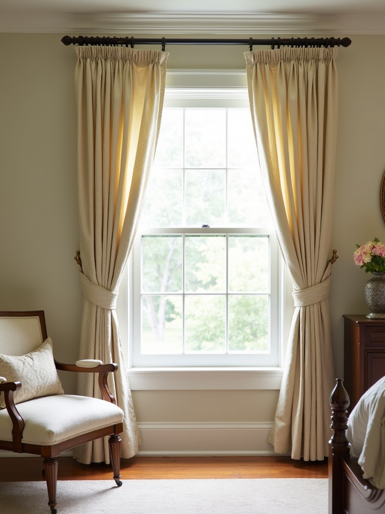 “Traditional bedroom with refreshed window treatments, featuring new patterned curtains that enhance light control and style.”