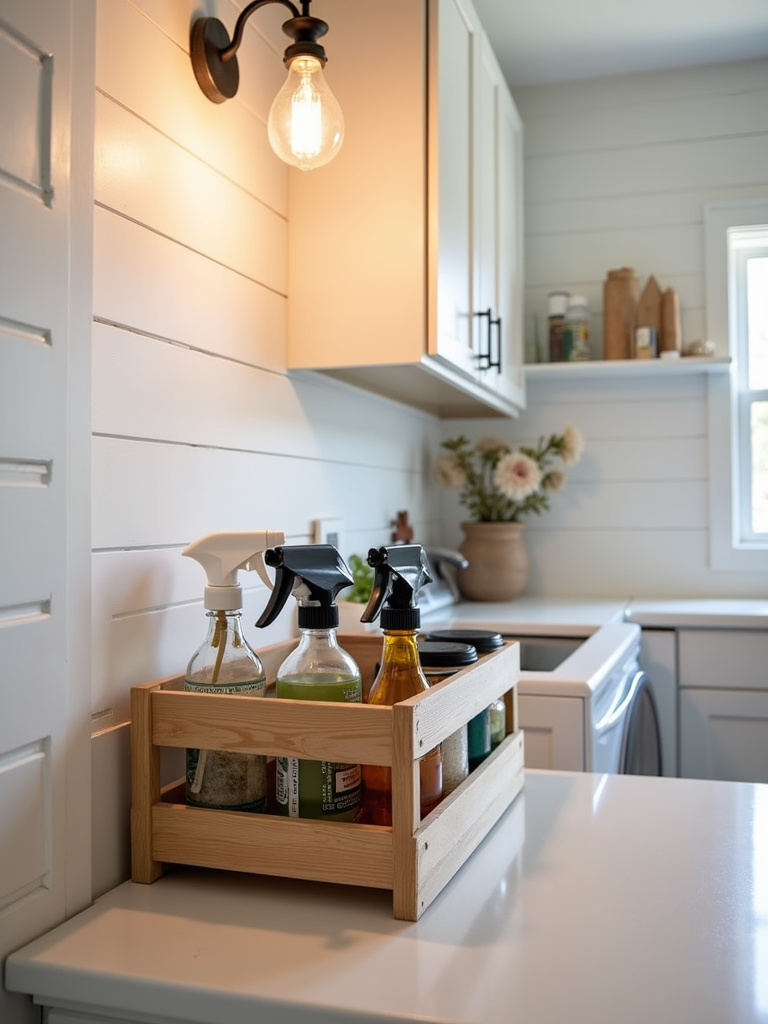 Wooden spice rack repurposed to hold cleaning spray bottles on a laundry room countertop.