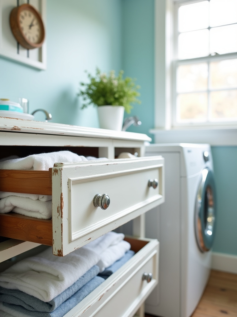 Repurposed antique white dresser with drawers open, used for laundry room storage.