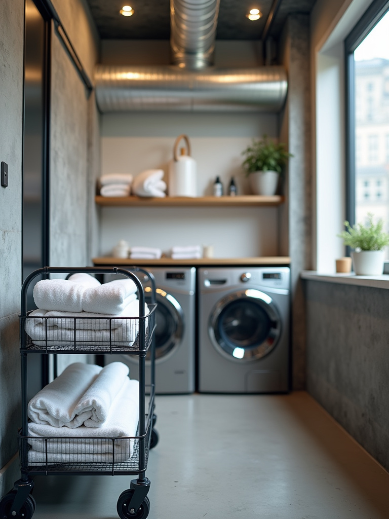 Industrial laundry room featuring a wire rolling laundry cart with folded towels.