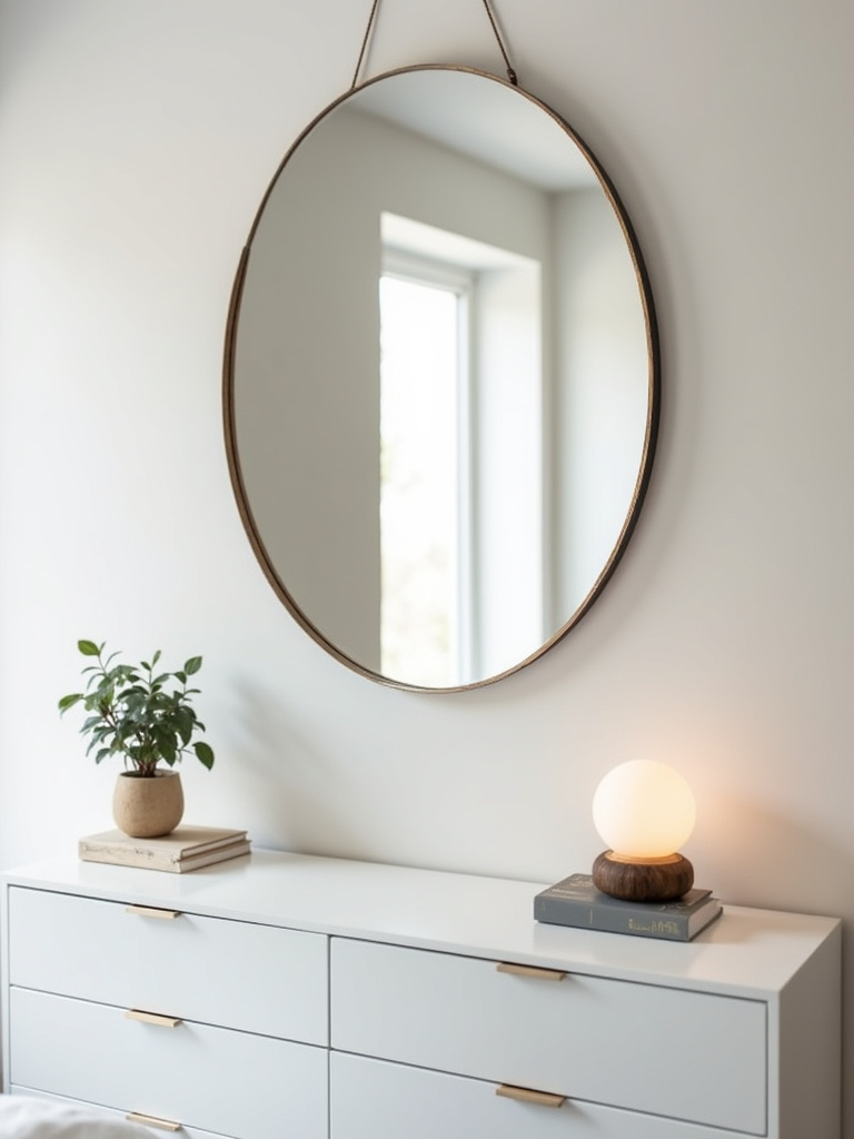 Modern minimalist bedroom with a large round mirror hanging above a sleek white dresser, reflecting natural light from a nearby window.