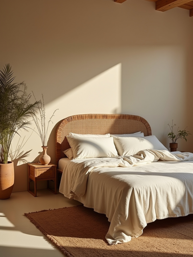 “Rustic beige bedroom design incorporating natural materials like rattan, jute, and linen to create a warm and earthy charm.”