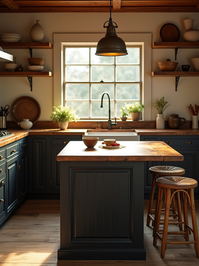 Rustic kitchen featuring a black wood kitchen island with a heavily distressed finish, a reclaimed wood countertop, and antique brass hardware.