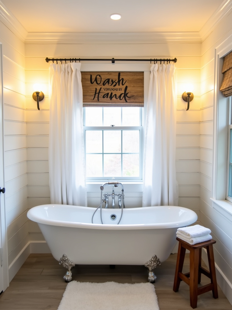 Rustic wooden farmhouse sign with ‘Wash Your Hands’ lettering above a clawfoot bathtub in a cozy bathroom.