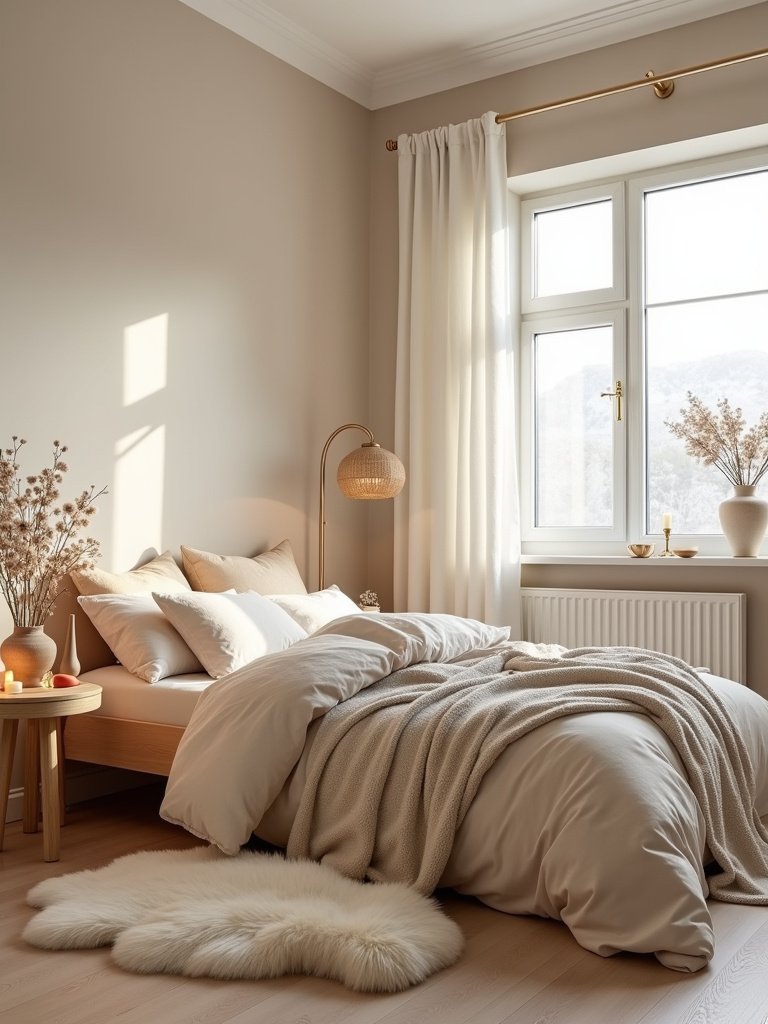 “Scandinavian beige bedroom design embracing ‘hygge’ with soft textures, natural light, and cozy elements in a neutral beige palette.”