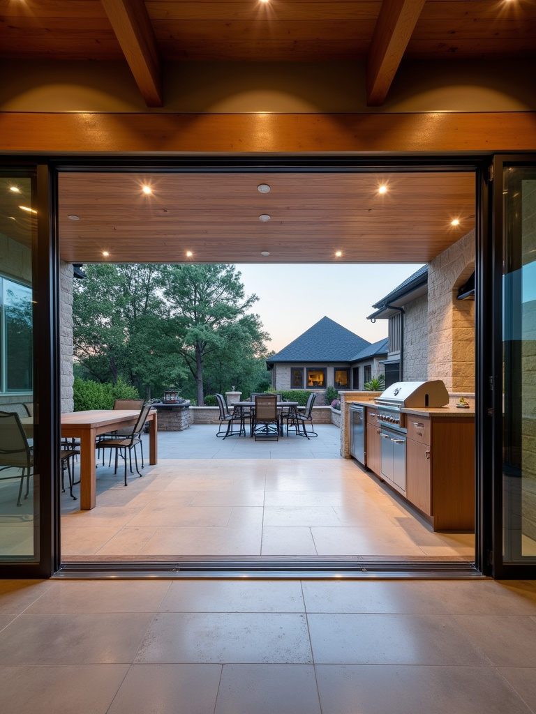 Seamless indoor-outdoor kitchen transition with large sliding glass doors opening to a contemporary outdoor kitchen patio.