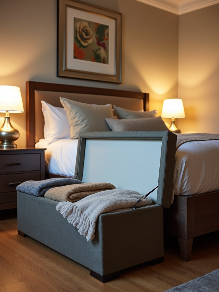 Multi-functional storage ottoman at the foot of a bed in a stylish small bedroom.