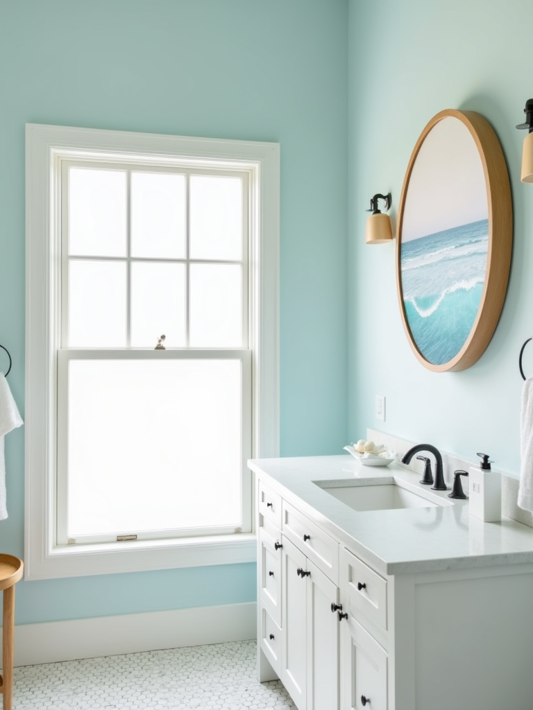 Serene coastal wave print framed above a modern bathroom vanity in a bright, airy bathroom.