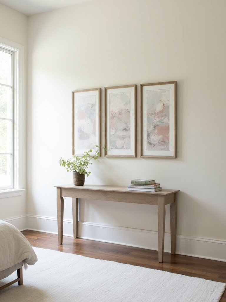Transitional bedroom featuring a set of three framed matching abstract art prints arranged horizontally above a console table, illuminated by soft natural light.