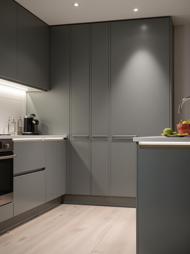 Contemporary kitchen with sleek, handleless matte grey cabinetry and integrated under-cabinet lighting.