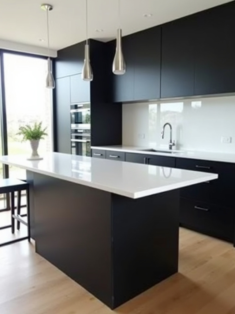 Sleek modern kitchen featuring a black kitchen island with a striking white quartz waterfall edge countertop and handleless matte black cabinets.