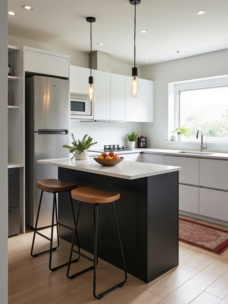 Small but functional kitchen featuring a compact black kitchen island, designed as a space-saving solution.