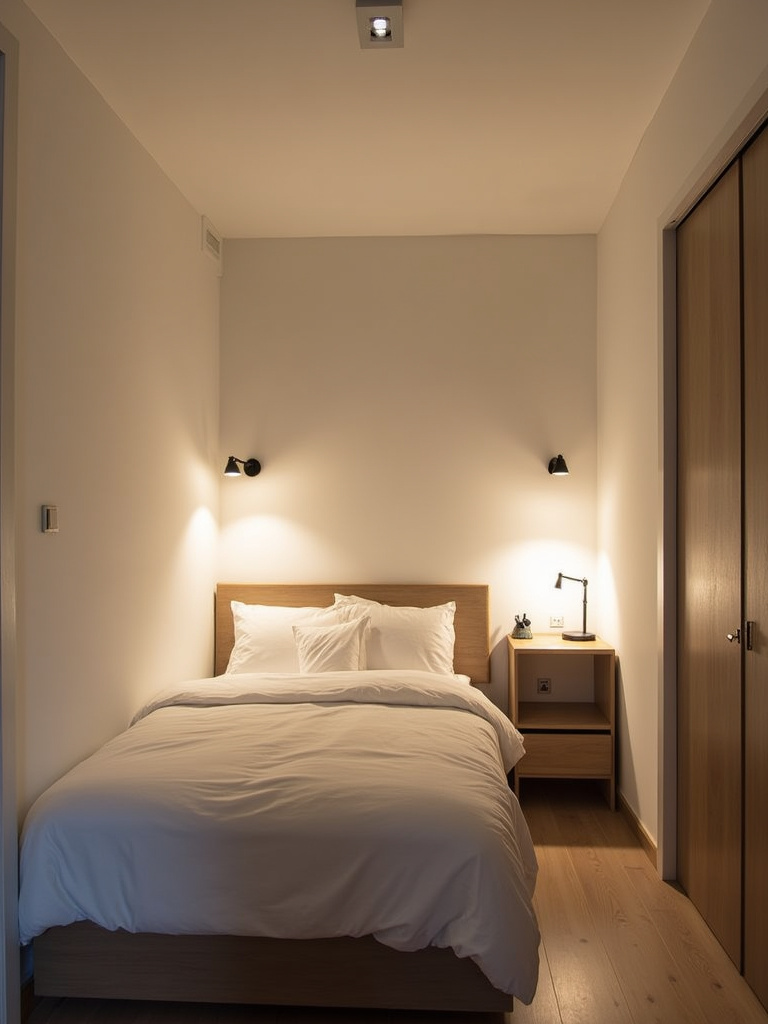 Small bedroom with wall sconces and recessed lighting, maximizing light and space with space-saving solutions.