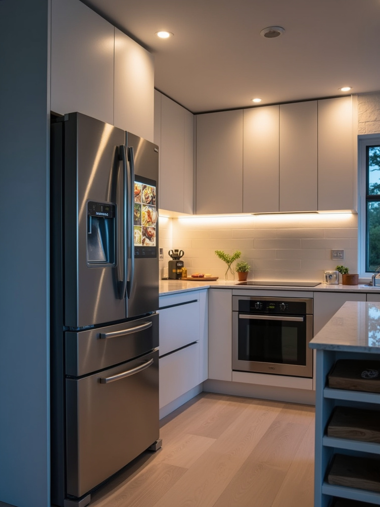 Modern kitchen featuring stainless steel smart refrigerator with touchscreen and integrated smart oven.