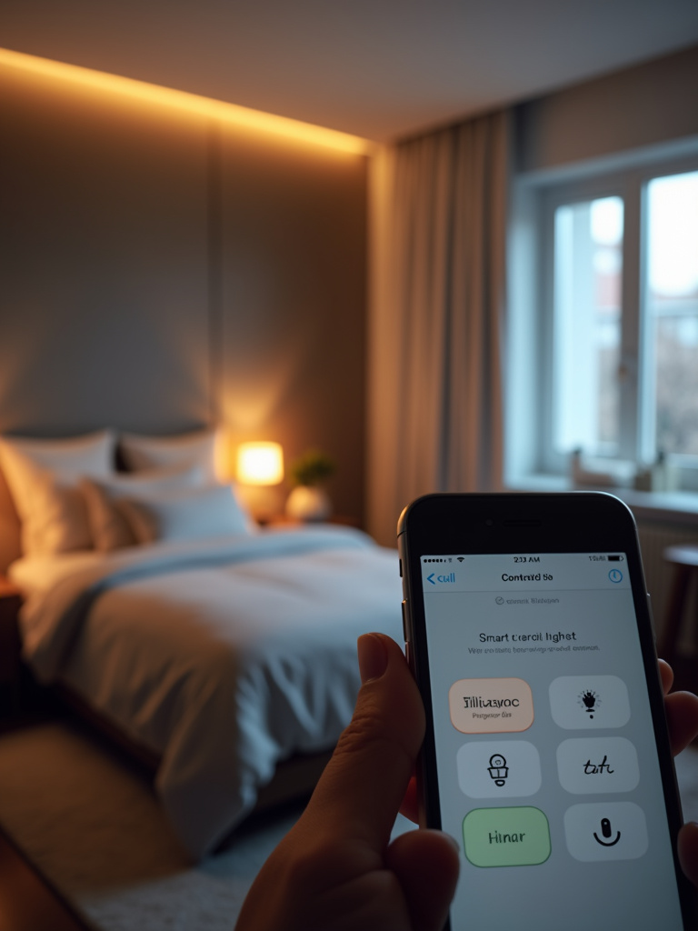 Modern bedroom scene showcasing smart lighting control via a smartphone app.