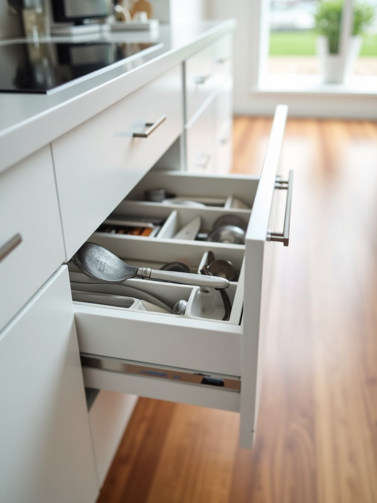 Modern kitchen drawer open to reveal clever hidden storage organizers for utensils and cookware.