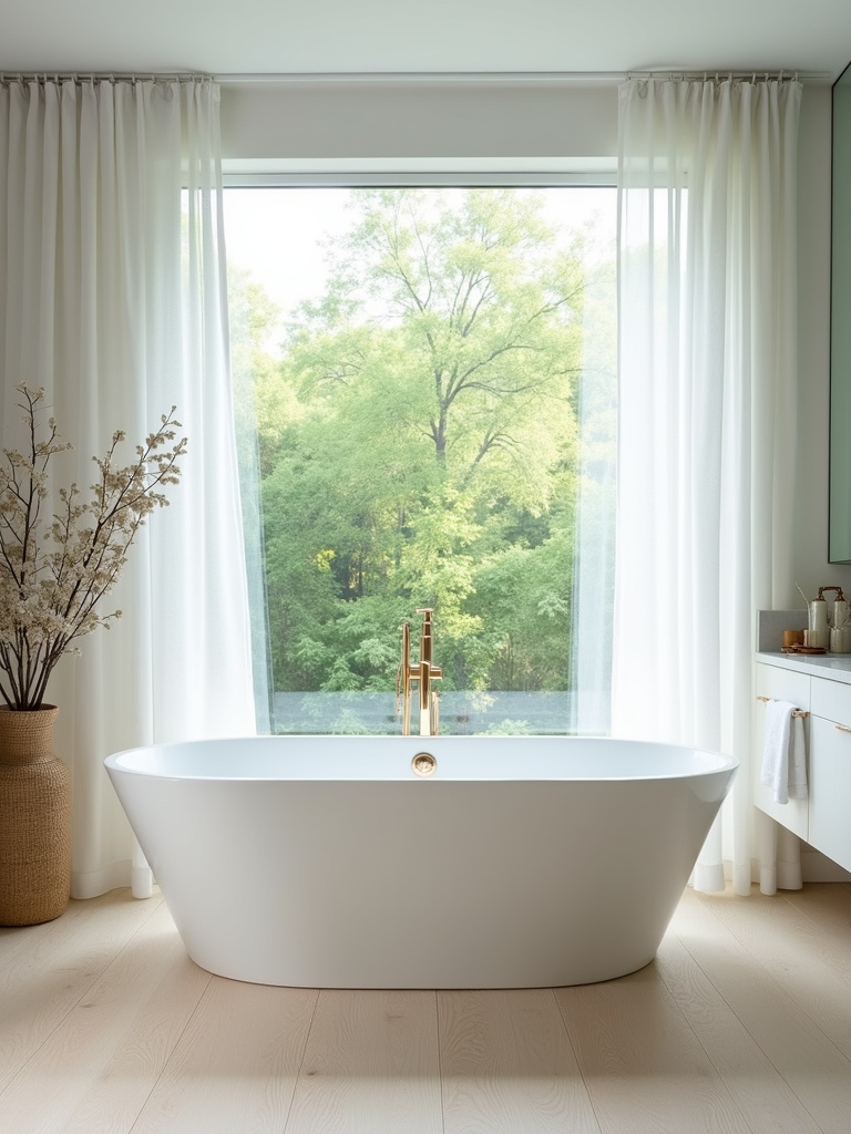 Serene modern bathroom featuring a white freestanding bathtub by a large window with a view of greenery, creating a relaxing atmosphere.
