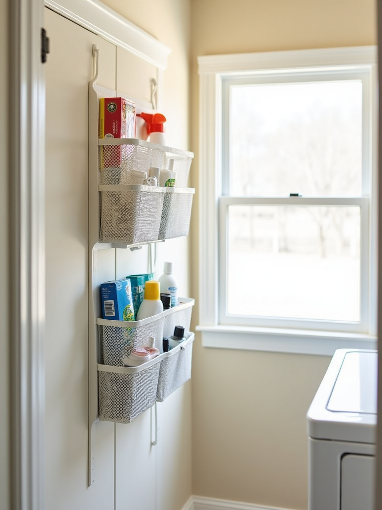 Small organized laundry room with a white over-the-door organizer filled with laundry supplies hanging on a white door, maximizing vertical storage space.