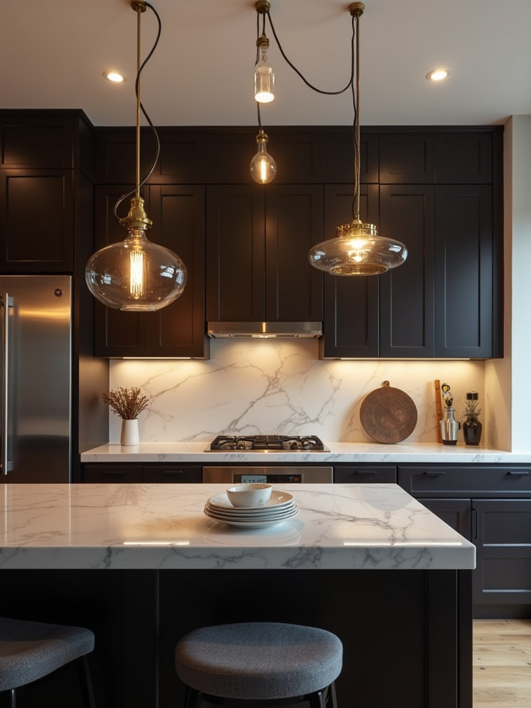 Stylish modern kitchen featuring a black kitchen island with statement pendant lights hanging above, creating a focal point.