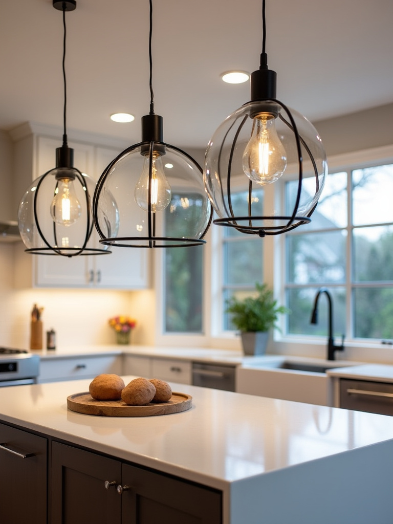Contemporary kitchen island illuminated by three statement pendant lights with black frames and glass globes.