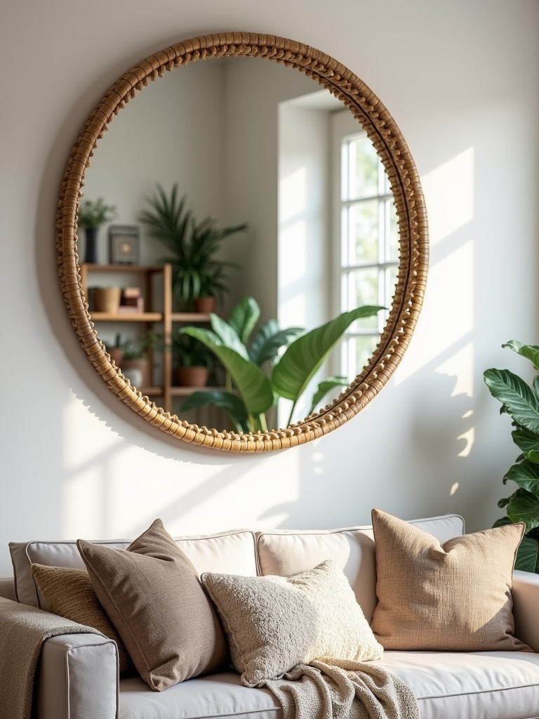 Boho living room with a large round rattan mirror above a sofa, enhancing light and adding a statement piece.