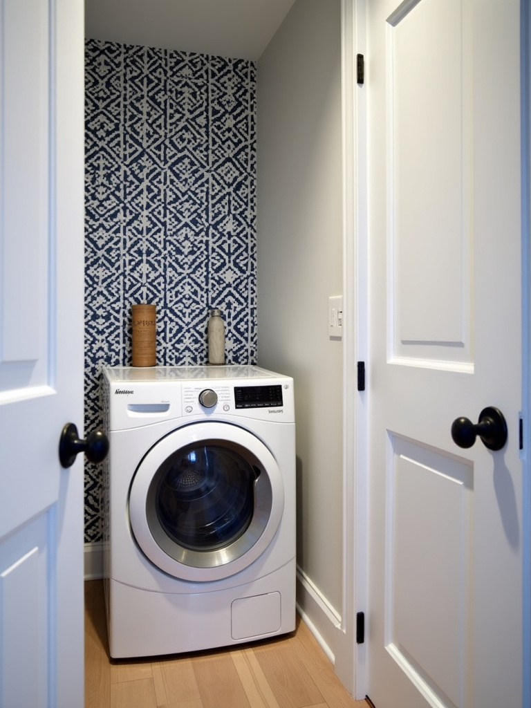 Stylish laundry room featuring a navy and white geometric wallpaper, white front-loading washer and dryer, and light wood flooring, creating a modern and chic aesthetic.