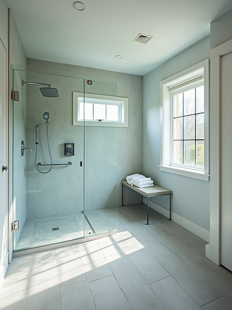 Luxurious modern bathroom featuring a spacious glass walk-in shower with rainfall showerhead and bench, illuminated by natural light.