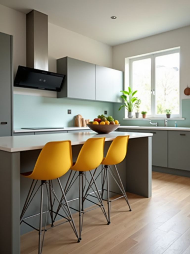 Modern kitchen with a neutral color scheme enlivened by pops of yellow in bar stools and accessories.