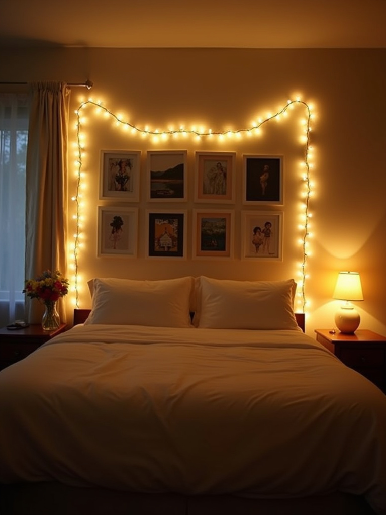 Cozy bedroom featuring string lights woven around a framed gallery wall above a bed, creating a soft, warm glow and ambient lighting.