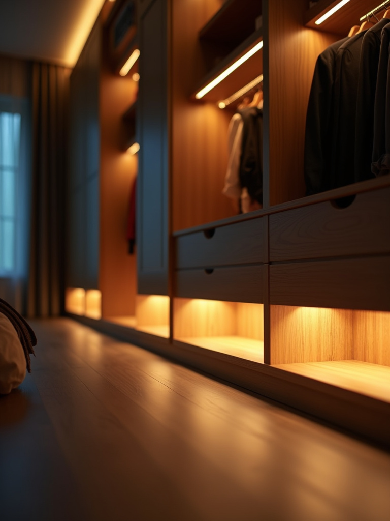 Bedroom wardrobe with subtle under-cabinet LED strip lighting accents.
