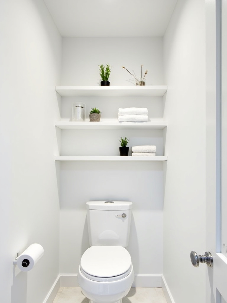 Bright modern bathroom with sleek white floating shelves above the toilet, displaying neatly organized towels and small plants.