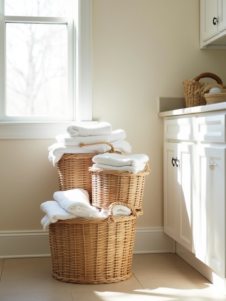 Stylish laundry room corner featuring a stack of three woven hyacinth laundry baskets holding folded white towels, with white cabinets and natural light in the background.