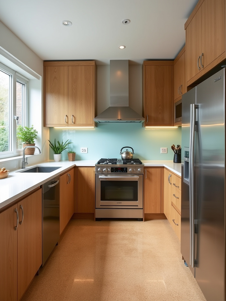 Modern eco-friendly kitchen featuring sustainable materials like bamboo cabinets and recycled glass countertop.