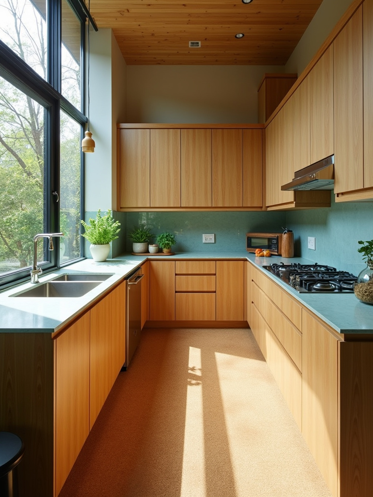 Contemporary eco-conscious kitchen featuring bamboo cabinetry, recycled glass countertops, and cork flooring.