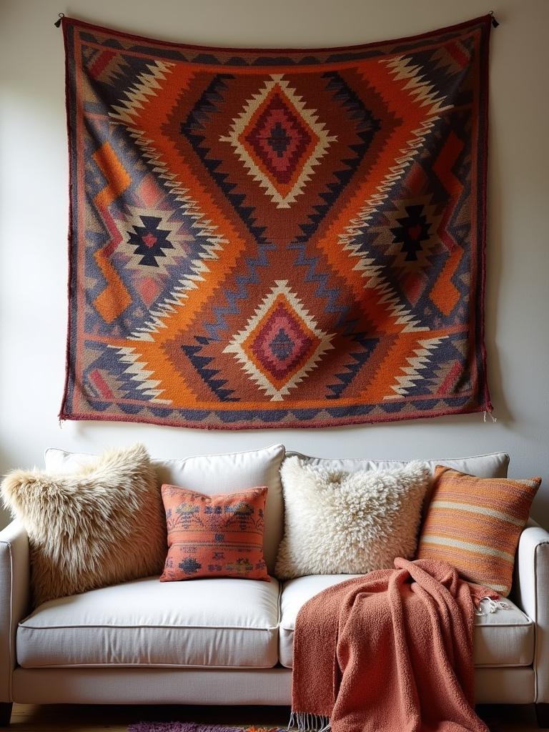 Boho living room wall with a large kilim tapestry hanging above a sofa, adding vibrant color and pattern to the space.