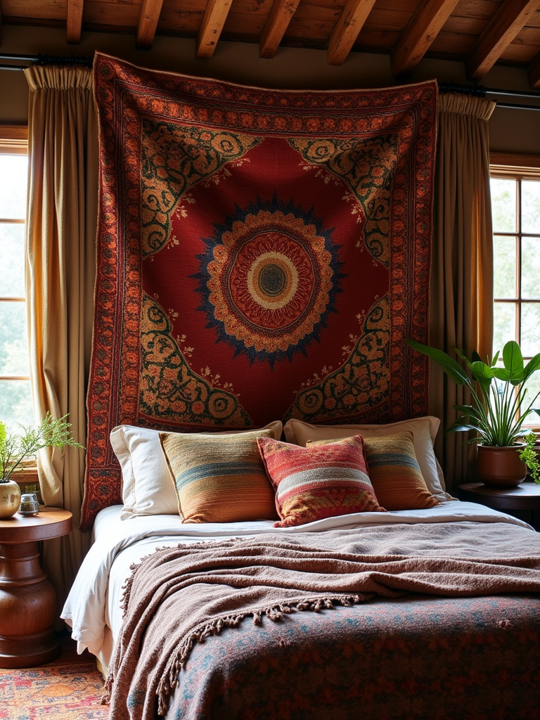 Bohemian bedroom featuring a large tapestry with rich colors and patterns hanging behind a bed with colorful cushions and throws, illuminated by warm, diffused light.