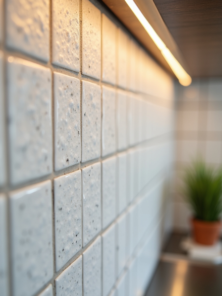 Close-up of a modern kitchen backsplash showcasing textured ceramic tiles with a subtle pattern.